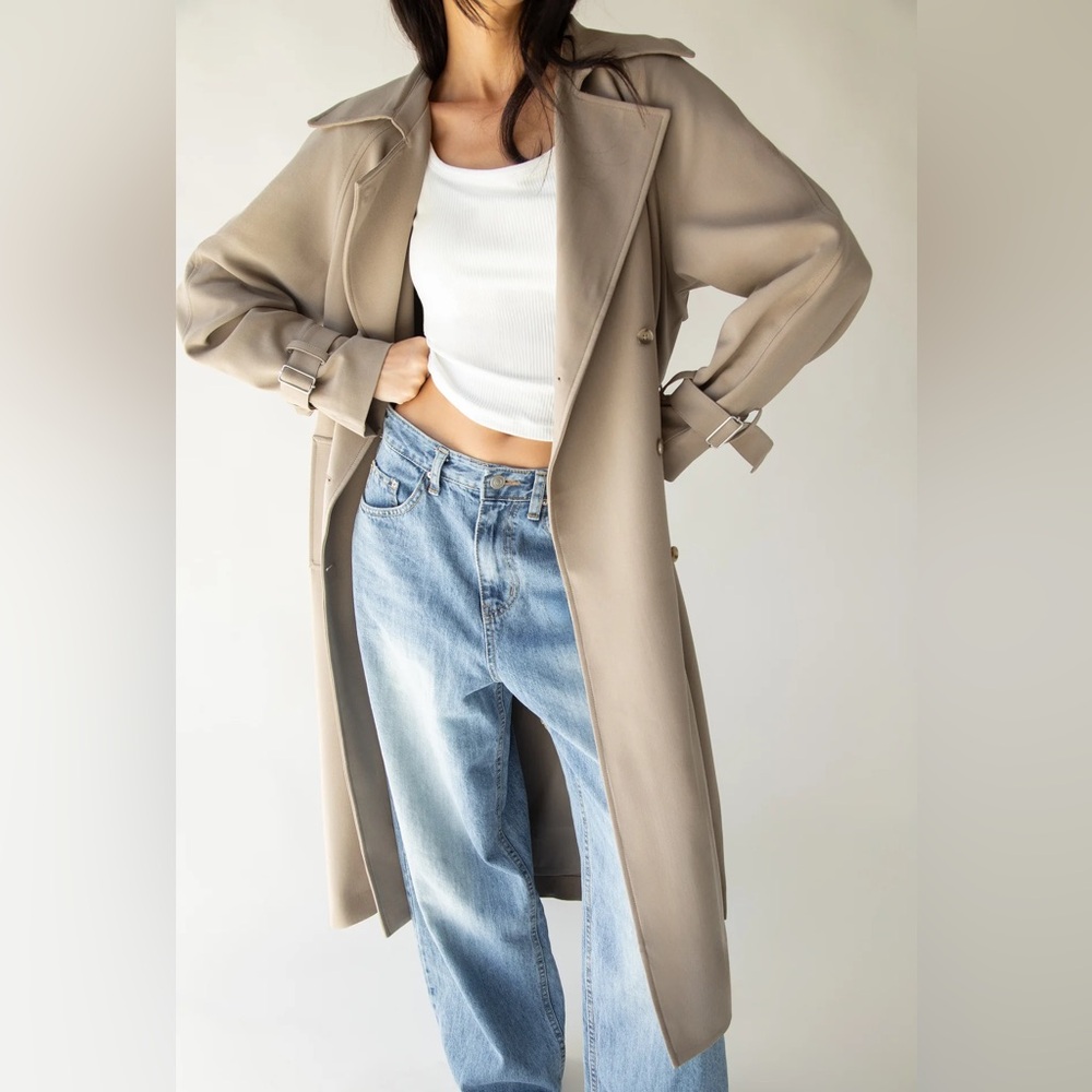 OAK + FORT Taupe Long Trench Coat